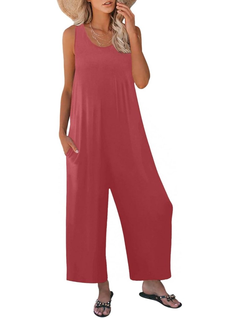 Women's Pink Casual Loose Tank Sleeveless Crewneck Long Pant Romper